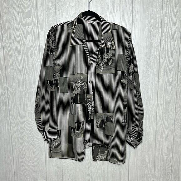 Won Moa Vintage Giraffe Print Chiffon button front blouse long sleeve - Picture 1 of 7